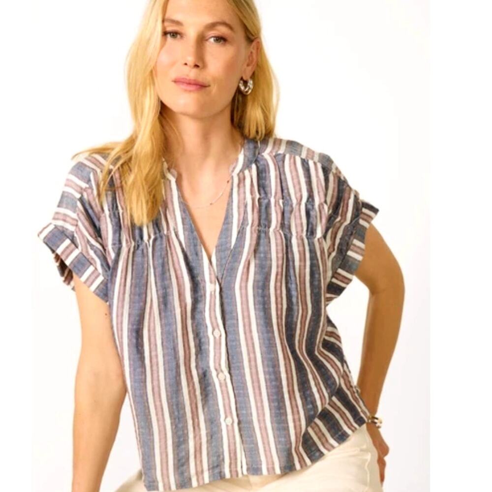 Evereve Cecilia Blouse Womens Large Striped Smocked Button Dolman Linen Top